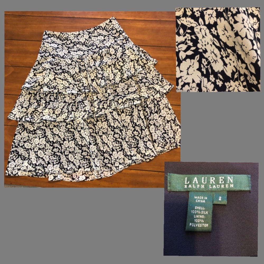 Lauren by Ralph Lauren Silk Ruffle MIDI Skirt Sz 2